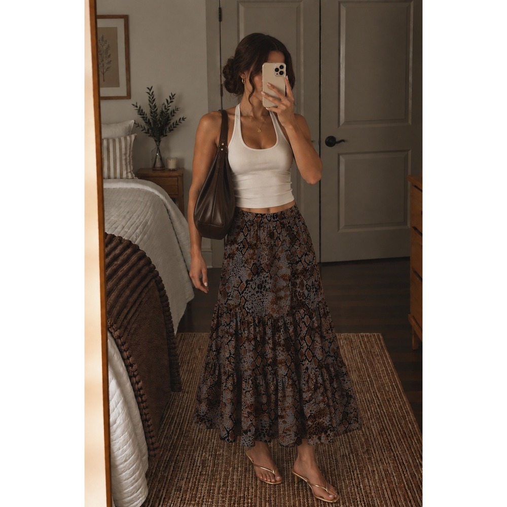 BA&SH Paris Tiered Snake Animal Print Maxi Skirt Brown Gray Boho Grunge US 6